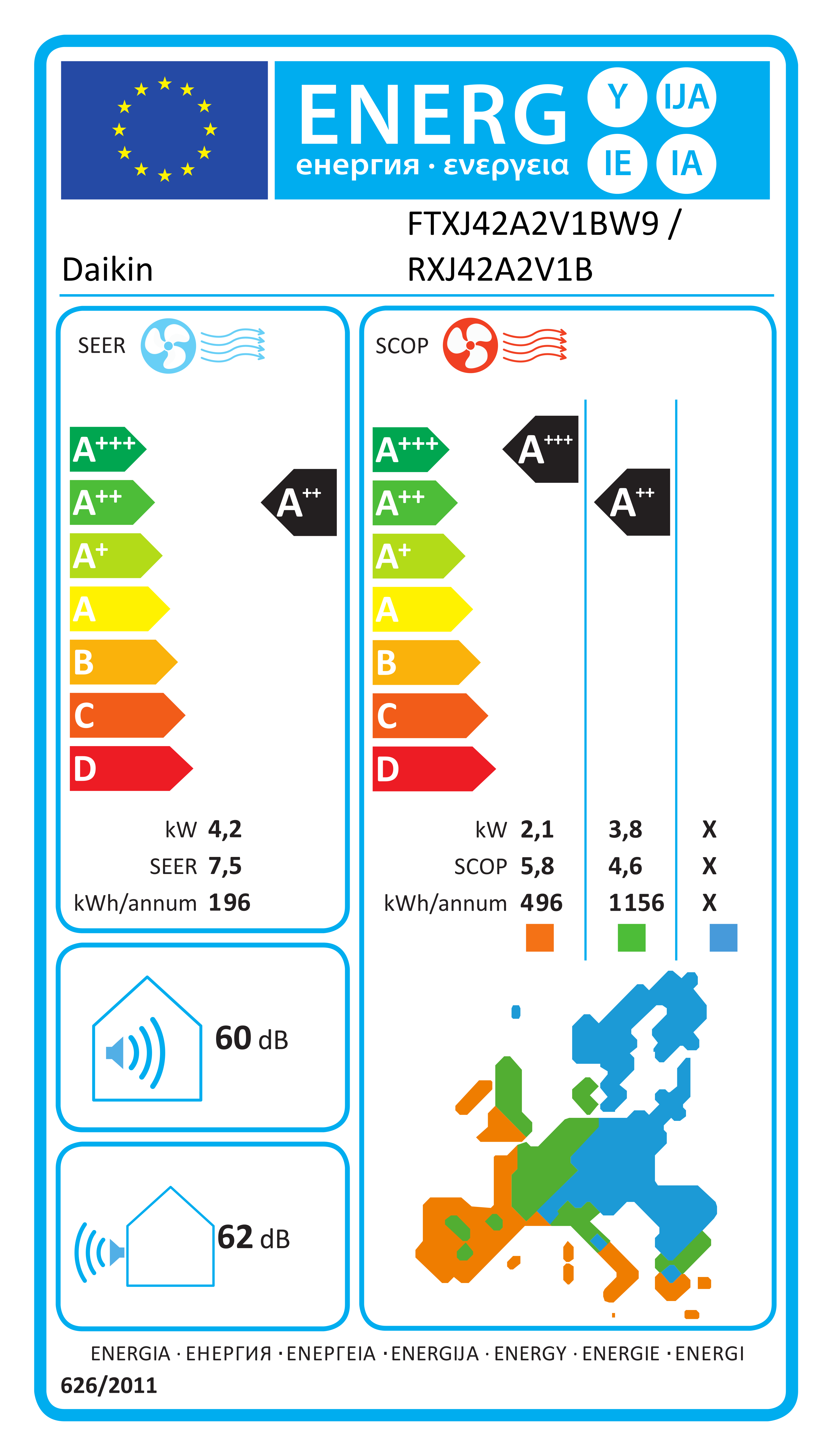 Étiquette énergétique UE FTXJ42A2V1BW9 / RXJ42A2V1B