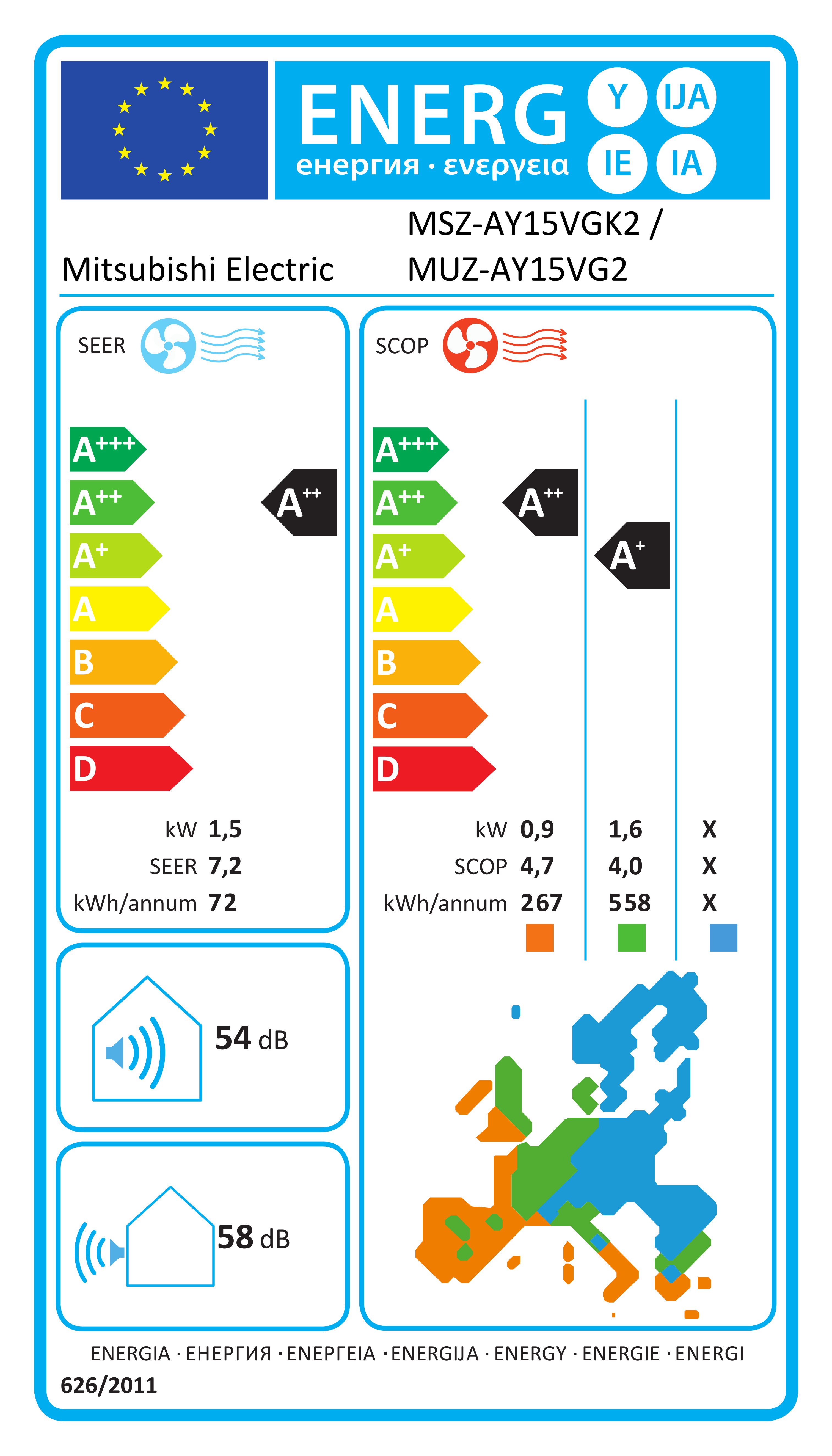 Étiquette énergétique UE MSZ-AY15VGK2 / MUZ-AY15VG2